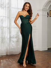 Appliqued Bodice Mermaid Dress With Slit Dark Green