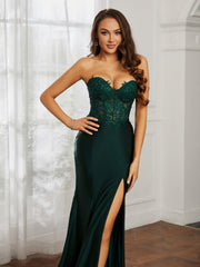 Appliqued Bodice Mermaid Dress With Slit Dark Green