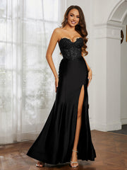 Appliqued Bodice Mermaid Dress With Slit Black Plus Size
