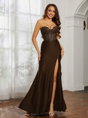 Appliqued Bodice Mermaid Dress With Slit Brown Plus Size