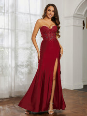 Appliqued Bodice Mermaid Dress With Slit Burgundy Plus Size