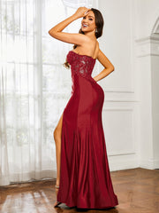 Appliqued Bodice Mermaid Dress With Slit Burgundy Plus Size