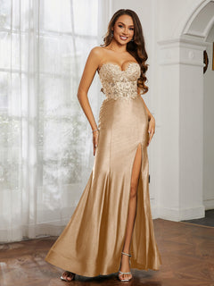 Appliqued Bodice Mermaid Dress With Slit Champagne