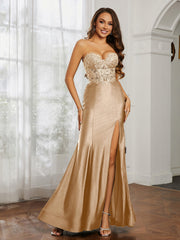 Appliqued Bodice Mermaid Dress With Slit Champagne Plus Size