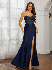 Appliqued Bodice Mermaid Dress With Slit Dark Navy