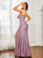 Appliqued Bodice Mermaid Dress With Slit Dusk