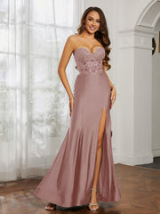 Appliqued Bodice Mermaid Dress With Slit Dusty Rose