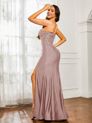 Appliqued Bodice Mermaid Dress With Slit Dusty Rose