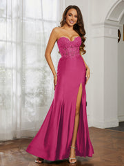 Appliqued Bodice Mermaid Dress With Slit Fuchsia Plus Size