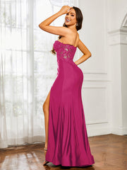 Appliqued Bodice Mermaid Dress With Slit Fuchsia Plus Size