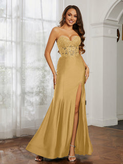 Appliqued Bodice Mermaid Dress With Slit Gold