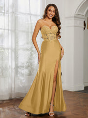 Appliqued Bodice Mermaid Dress With Slit Gold Plus Size