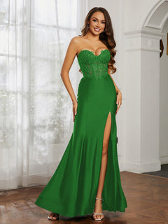 Appliqued Bodice Mermaid Dress With Slit Green