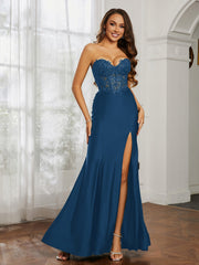 Appliqued Bodice Mermaid Dress With Slit Ink Blue Plus Size