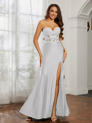 Appliqued Bodice Mermaid Dress With Slit Ivory Plus Size