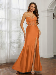 Appliqued Bodice Mermaid Dress With Slit Orange