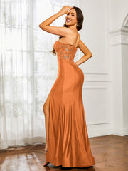 Appliqued Bodice Mermaid Dress With Slit Orange