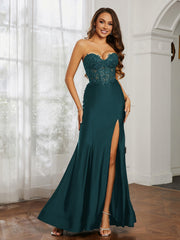 Appliqued Bodice Mermaid Dress With Slit Peacock