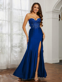 Appliqued Bodice Mermaid Dress With Slit Royal Blue