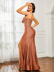 Appliqued Bodice Mermaid Dress With Slit Rust