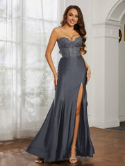 Appliqued Bodice Mermaid Dress With Slit Steel Grey Plus Size