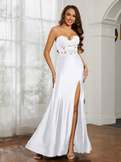 Appliqued Bodice Mermaid Dress With Slit White