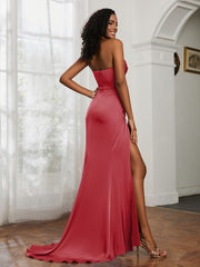 Strapless Pleated Sweep Train Gown With Slit Burgundy