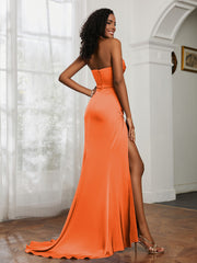 Strapless Pleated Sweep Train Gown With Slit Burnt Orange