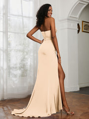 Strapless Pleated Sweep Train Gown With Slit Champagne