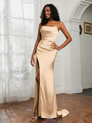 Strapless Pleated Sweep Train Gown With Slit Champagne Plus Size
