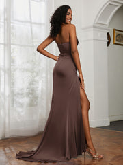 Strapless Pleated Sweep Train Gown With Slit Chocolate Plus Size