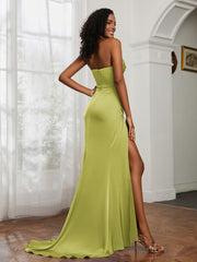 Strapless Pleated Sweep Train Gown With Slit Clover
