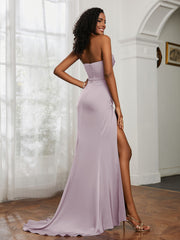 Strapless Pleated Sweep Train Gown With Slit Dusk