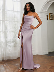 Strapless Pleated Sweep Train Gown With Slit Dusk