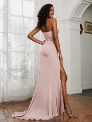 Strapless Pleated Sweep Train Gown With Slit Dusty Rose