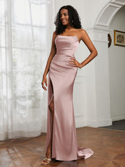 Strapless Pleated Sweep Train Gown With Slit Dusty Rose