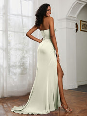 Strapless Pleated Sweep Train Gown With Slit Dusty Sage