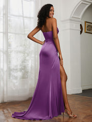Strapless Pleated Sweep Train Gown With Slit Grape