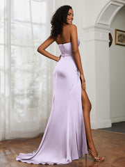 Strapless Pleated Sweep Train Gown With Slit Lilac
