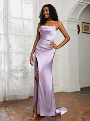 Strapless Pleated Sweep Train Gown With Slit Lilac