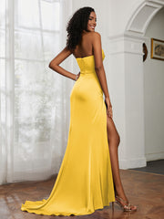 Strapless Pleated Sweep Train Gown With Slit Marigold