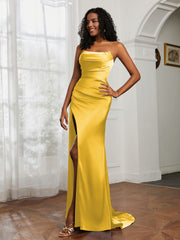 Strapless Pleated Sweep Train Gown With Slit Marigold