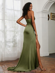 Strapless Pleated Sweep Train Gown With Slit Olive Green Plus Size