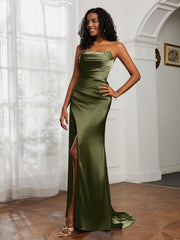 Strapless Pleated Sweep Train Gown With Slit Olive Green