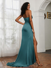 Strapless Pleated Sweep Train Gown With Slit Peacock