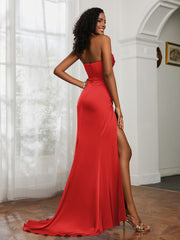 Strapless Pleated Sweep Train Gown With Slit Red