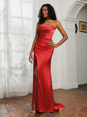 Strapless Pleated Sweep Train Gown With Slit Red