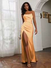 Strapless Pleated Sweep Train Gown With Slit Tangerine Plus Size