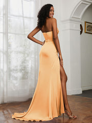 Strapless Pleated Sweep Train Gown With Slit Tangerine