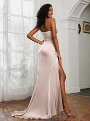 Strapless Pleated Sweep Train Gown With Slit Taupe